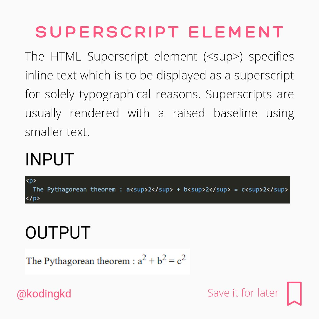 kodingkd's tweet image. Day - 4 | The Subcript & Superscript element
Follow @kodingkd for more 💯
.
Was It helpful?
Let me know in the comments 👇🏼
.
.
.
#subtag #supertag #subcript #supercript #html #HTML5 #follow #edutwitter #CodeNewbie #30daysofhtml #htmlcode #htmltags #htmltutorial #htmlcss #css