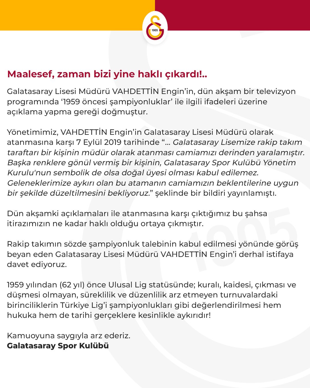 Son dakika: Galatasaray'dan Galatasaray Lisesi müdürü Vahdettin Engin açıklaması