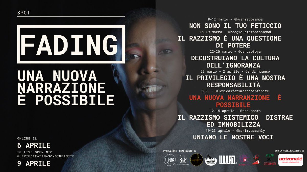 #FADING è sempre più vicina! 
Questa settimana, <a href="/fatimaedithmaig/">Edith Fatoumata Maïga</a> ci fa riflettere sugli schemi di un sistema che produce violenza e decide anche i termini con cui narrare le esperienze delle vittime.
Domani il video e venerdì 9 la live su IG @leviedifatimasonoinfinite