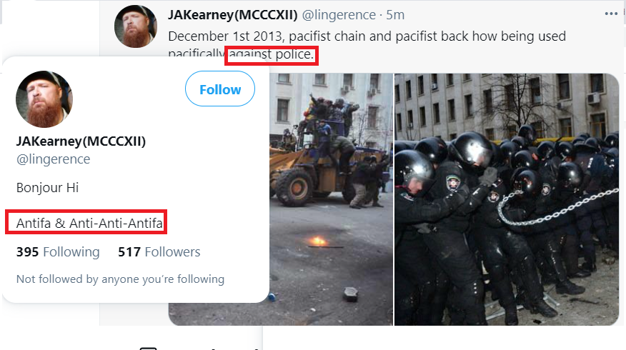 The Bankova clashes on December first happened _after_ riot police dispersed the peaceful sleep-in at the Maidan square. https://www.bbc.com/news/world-europe-25164990And I am sorry, I have no more time for Antifa Blue Lives Matter caucus, I have Russian convoys to watch. Blocked.