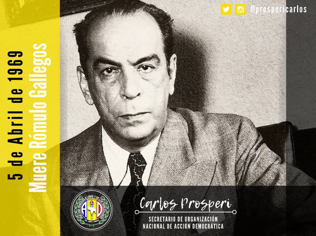 #05Abr 1969 muere en Caracas Rómulo Gallegos, fundador de nuestro partido y luchador incansable por la democracia. 

Cómo dijo Gallegos: "Las cosas siempre vuelven al lugar de donde salieron". Hoy seguimos firmes en recuperar la libertad y la democracia en Venezuela.