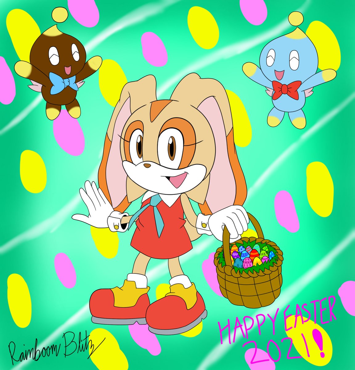Here's Cream holding her easter basket filled with Easter Eggs with Cheese and Chocola! Here to wishing you all a grand Happy Easter day! 🐇🥚 #CreamTheRabbit #Cheese #Chocola #SonicTheHedgehog #Sonic #HappyEaster  #HappyEaster2021