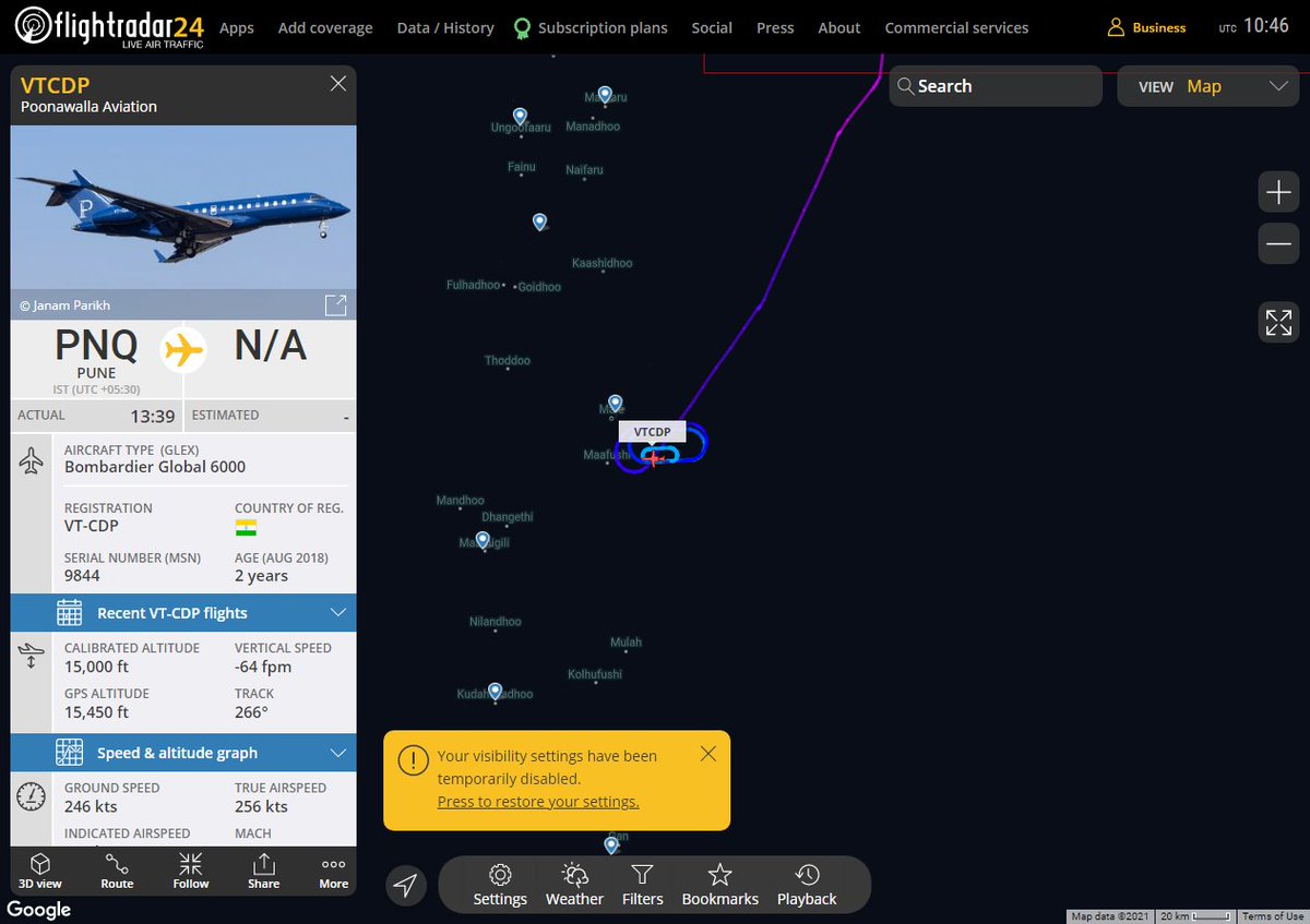 Radar_Assistant's tweet image. MULTI FR24 HOLDING PATTERN ALERT : At time Mon Apr  5 11:45:44 2021 #VTCDP was likely to be holding at FL150 17nm from ML Male_NDB_MV
 near Vaadhoo #AvGeek #ADSB flightradar24.com/VTCDP/274caa82