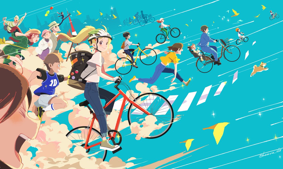 bicycle ground vehicle multiple girls multiple boys shirt blonde hair pants  illustration images