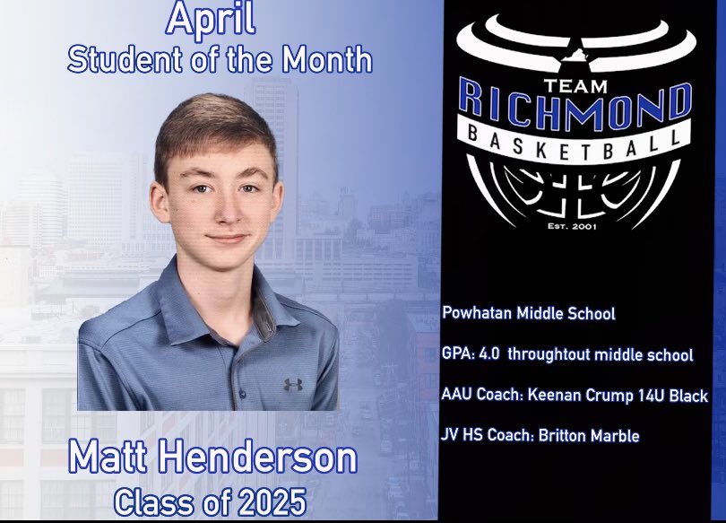 TeamRichmondVA's tweet photo. Our student of the month is Matt Henderson.  We are proud of your achievements in the classroom. #WeAreTR https://t.co/R8oufzhXCu