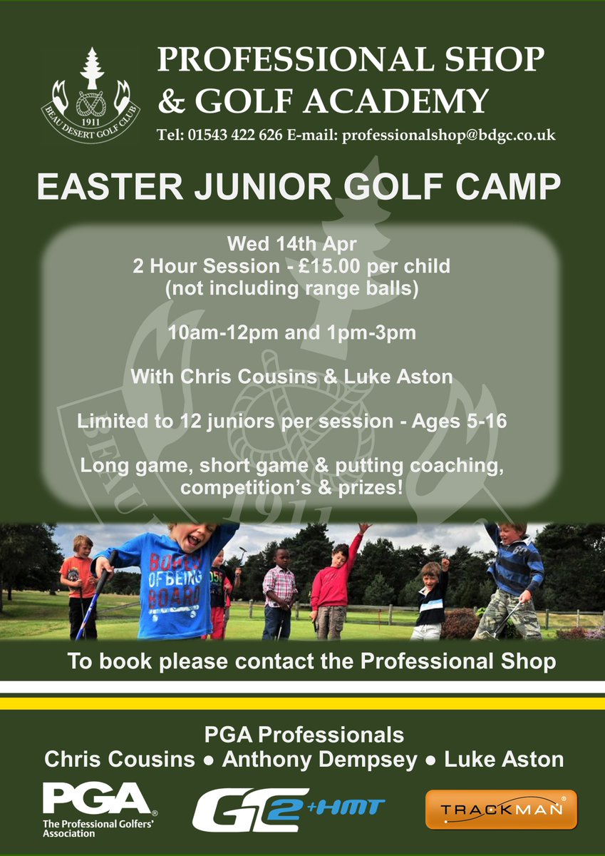 BDGC_ProShop's tweet image. For those aspiring Masters Champions out there, myself and Luke will be running a Easter Junior Golf Camp on Wed 14th Apr. To book in or for more information please contact the Professional Shop either by e-mail (professionalshop@bdgc.co.uk) or phone (01543 422 626 - opt 4).