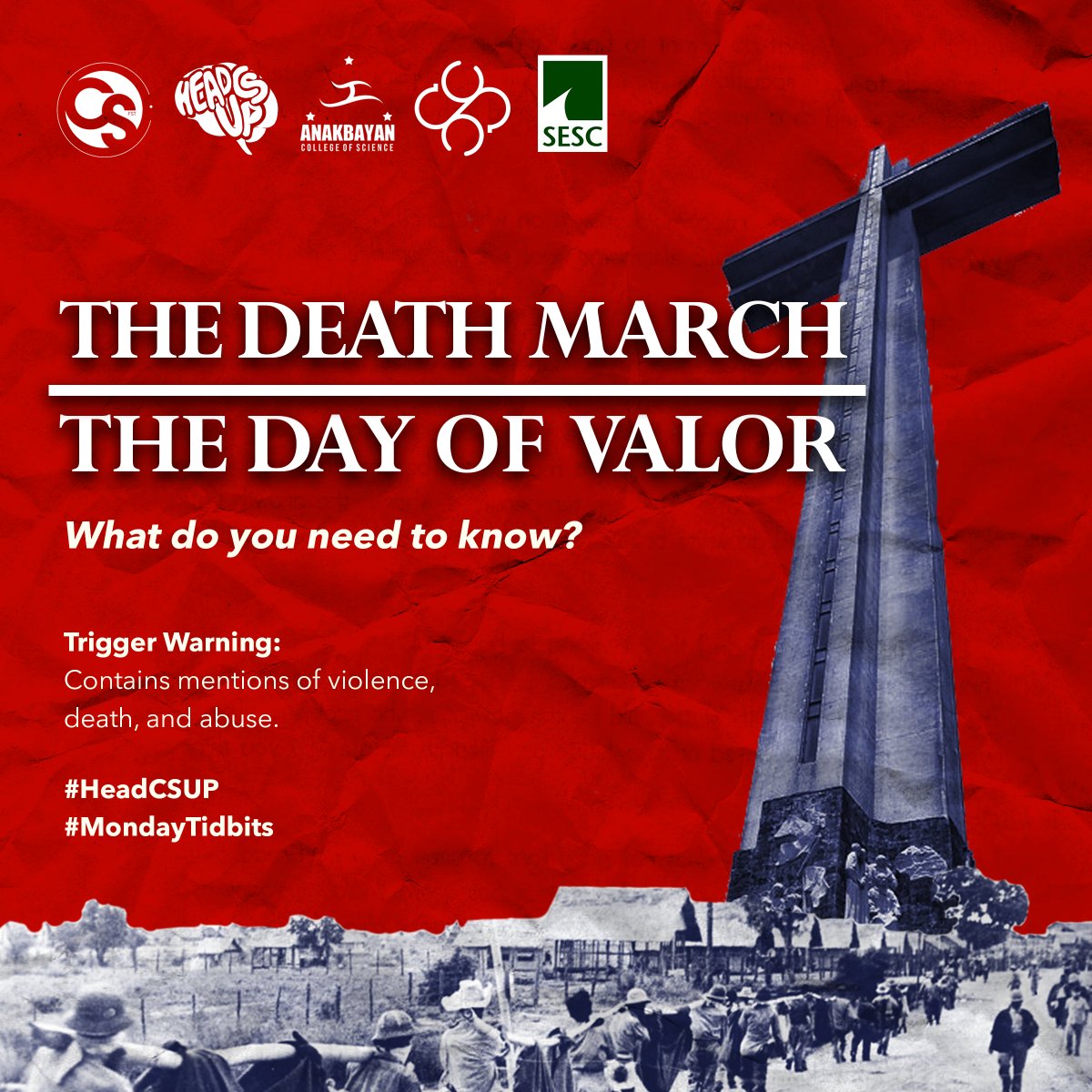 updcsfstc's tweet photo. Never forget our history.
Together with @anakbayanCS, we present a discussion of the historical event that led to the creation of a national holiday to commemorate the fallen warriors. Learn everything you need to know about the Death March in this issue of #MondayTidbits. https://t.co/71WehkEq49