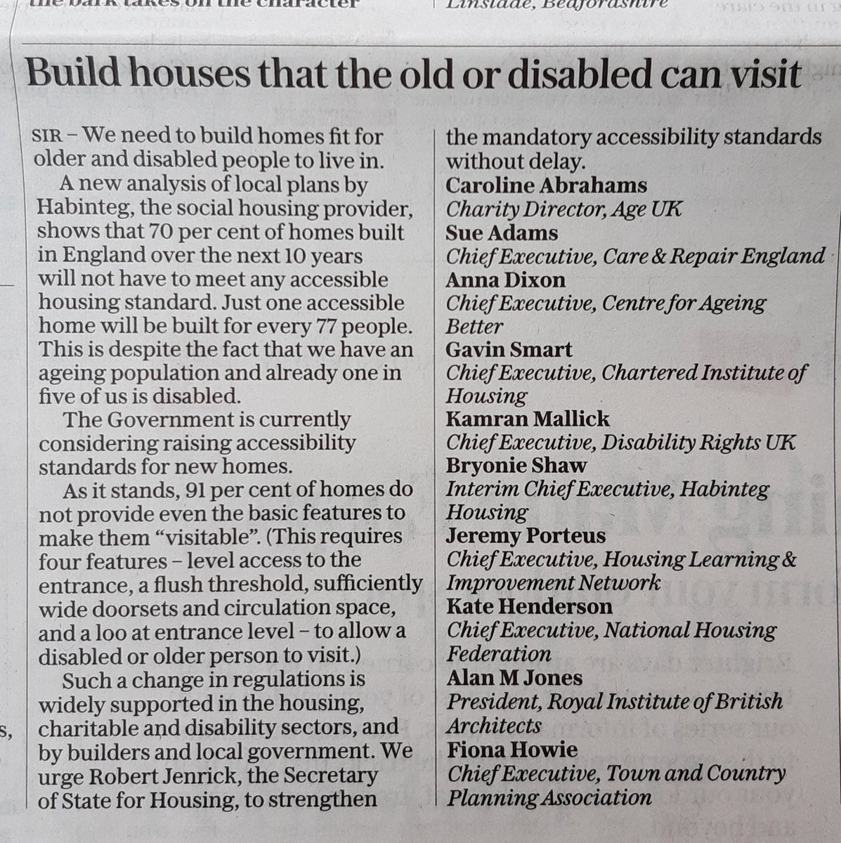 nic_bungay's tweet photo. Today's @Telegraph highlights calls by the Housing Made for Everyone (HoME) coaltion to ensure new homes are #accessible w/ letter from @bryonie_shaw @Habinteg @KateNHF @DrAnnaDixon @Car_Abrahams @cr_england @GavinSmartCIH @KamranMallick @AlanJonesPRIBA @FionaEHowie @HousingLIN https://t.co/iqcXogHi88