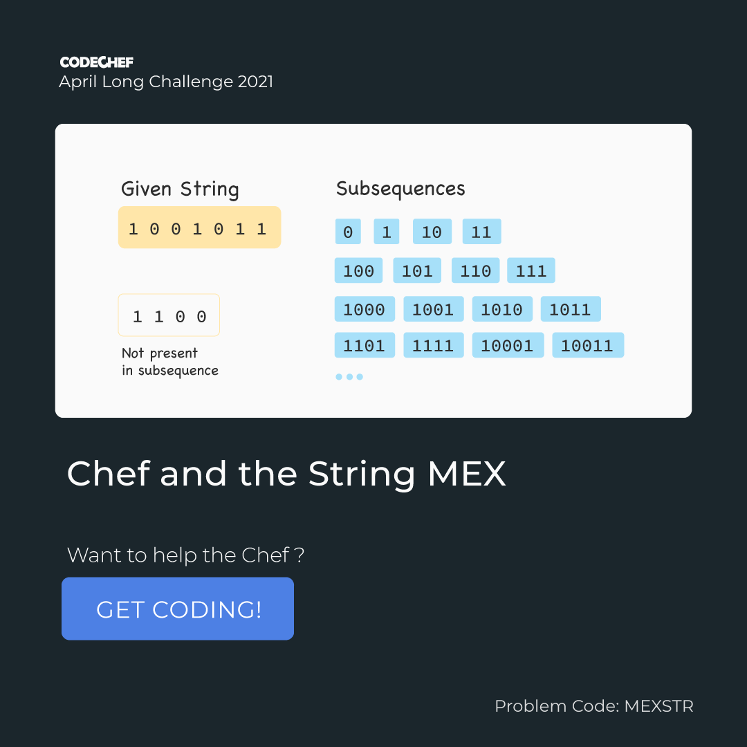 codechef's tweet photo. The MEX of a binary string S is the smallest non-negative integer whose binary representation is not a subsequence of the string S. Given S, find its MEX.
https://t.co/5fQQ69nZh5
The April #LongChallenge has Gameskraft and Amazon as the #contest recruiters. See you there! https://t.co/OSJRSSzKNH