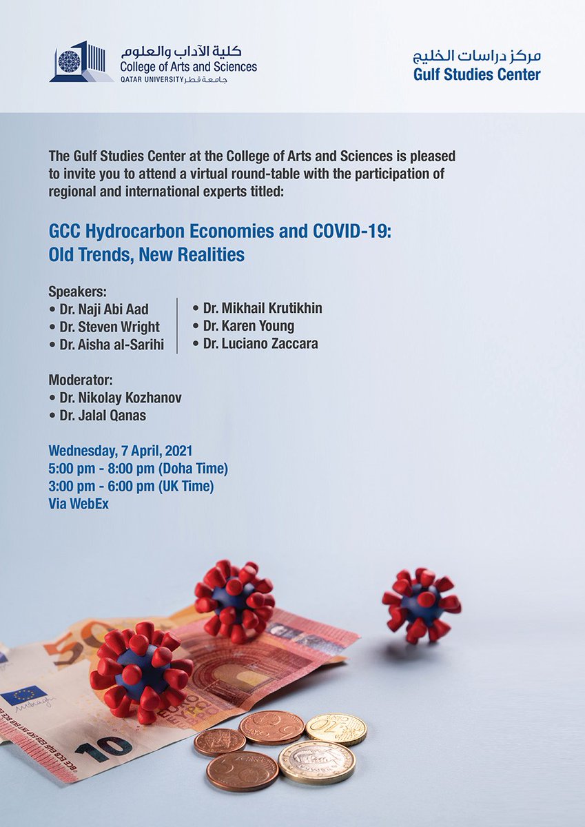QUGulfStudies's tweet photo. Join @QUGulfStudies virtual roundtable: #GCC Hydrocarbon Economies &amp; #COVID: Old Trends, New Realities. Wed. 7 April, 5-8 PM (Qatar)
Webex: https://t.co/11t9L5RPDf
YouTube: https://t.co/ceW5Q4M2nX
@KozhanovNikolay @NajiAbiAad @ProfessorKaren @DrAishaAlSarihi @nalymov @smwright78 https://t.co/WNlfjbYcVp