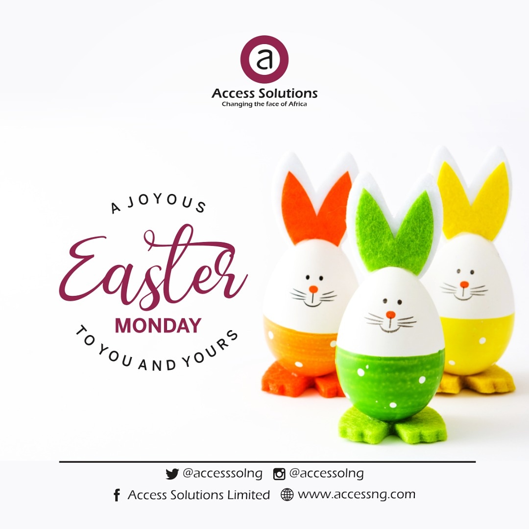 Wishing you a peaceful Monday and a joyous celebration 🥳.
Don't forget, we are still your surest digital solutions provider. Visit our website accessng.com to more services we offer you. 

#EasterMonday #digitalsolutionsprovider #airtimeanddatatopup #fundstransfer