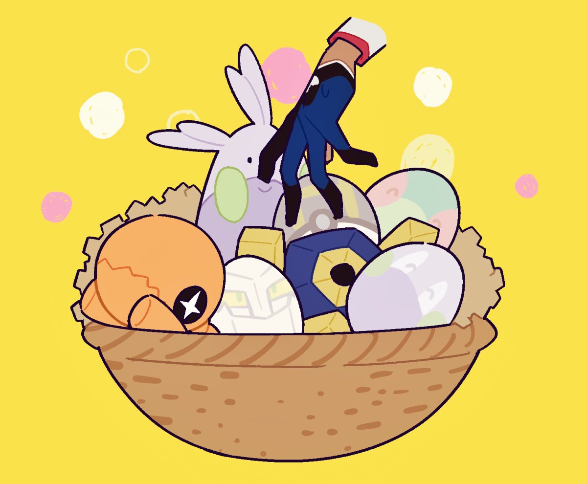 pokemon (creature) yellow background egg basket gloves black eyes no humans  illustration images