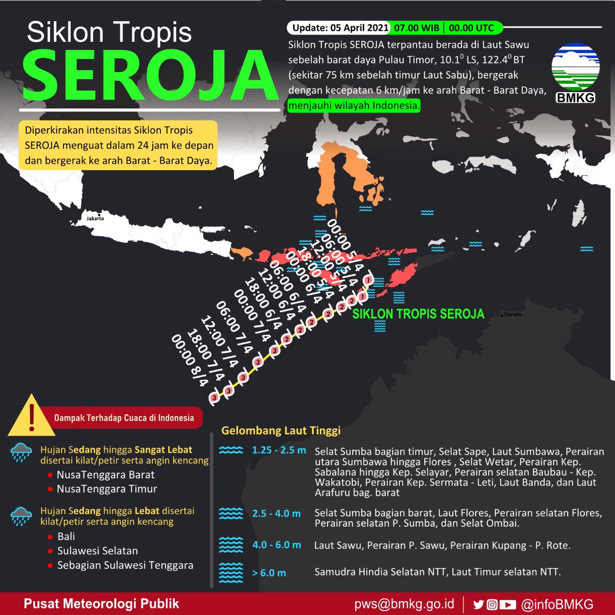 Halo Sobat BMKG.

Berikut adalah update infografis SIKLON TROPIS SEROJA yang terpantau di Laut Sawu sebelah barat daya Pulau Timor

Tetap waspada sobat

#prayforNTT
#infobmkgpws
#05april2021pws