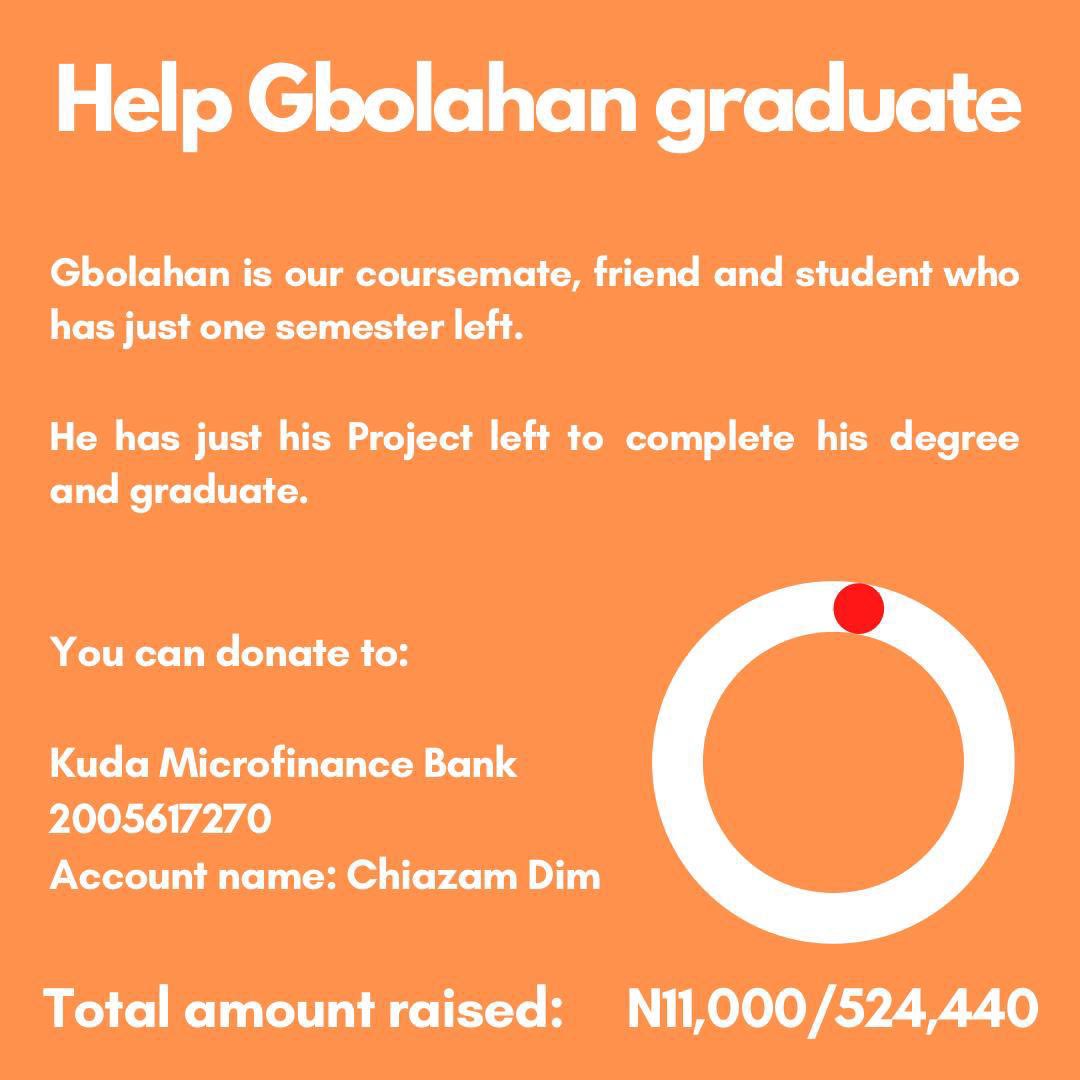 Good morning everyone.I’m soliciting you to help my friend, by donating any amount of money , reposting &amp; any form of support. He’s a final year student of Covenant university and needs our support. Every amount is sincerely appreciated and will help us reach the goal .