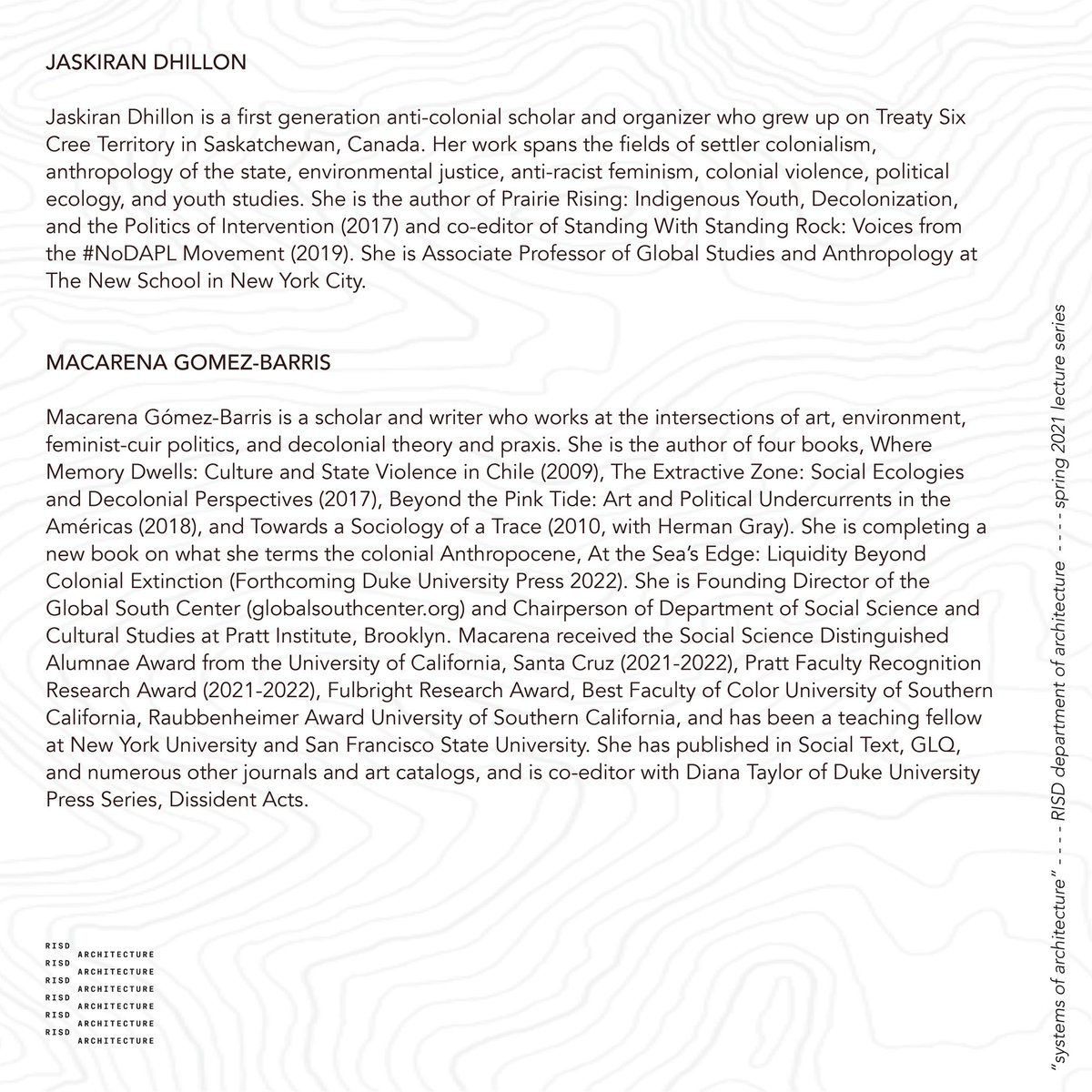 Join us today for “On Land &amp; Relation,” a conversation with Jaskiran Dhillon &amp; Macarena Gomez-Barris, today at 6:00p EST. Swipe to read more about our guests! 

Zoom Meeting ID: 915 2149 9268