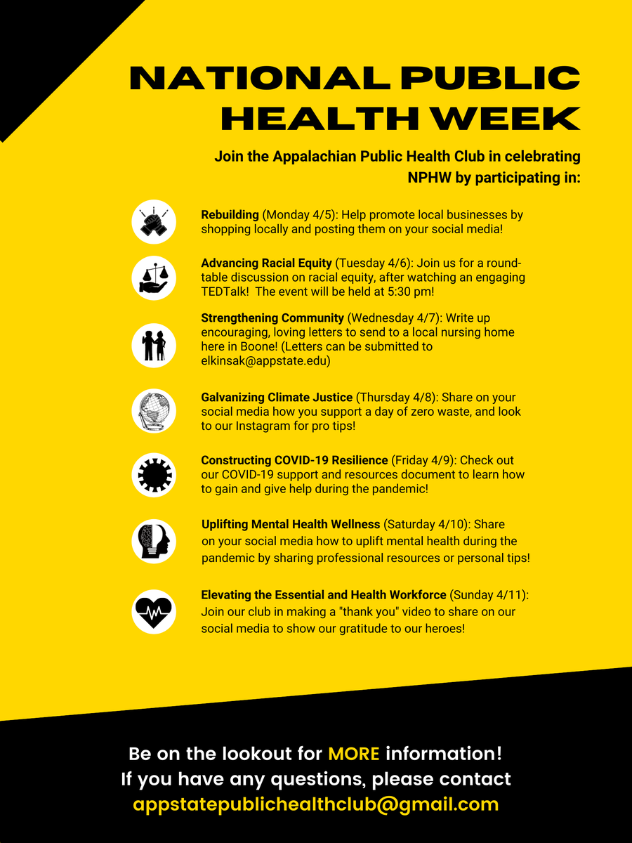 A week of celebrating Public Health. Join the Appalachian Public Health Club as we honor National Public Health Week.