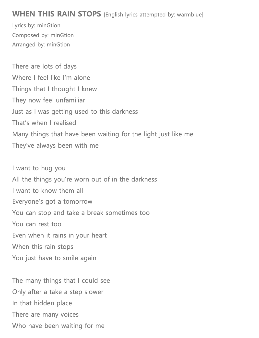 Warmblue Wendy Like Water Album English Lyrics 1 When This Rain Stops