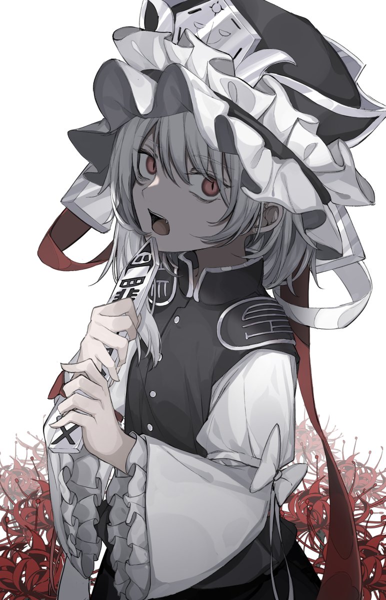 shiki eiki 1girl solo spider lily hat rod of remorse flower open mouth  illustration images