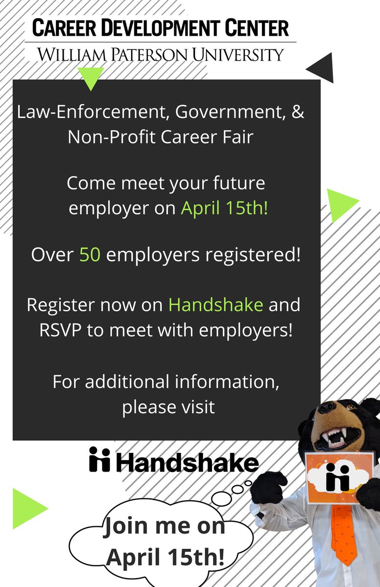 Hey Pioneers! If you haven't done so already make sure you register for the Law-Enforcement, Gov't, &amp; Non-profit Career Fair on April 15th! We have over 50 employers registered! So don't miss out on finding your future employer! #wpunj #handshake #hireapioneer #jobs #careerfair