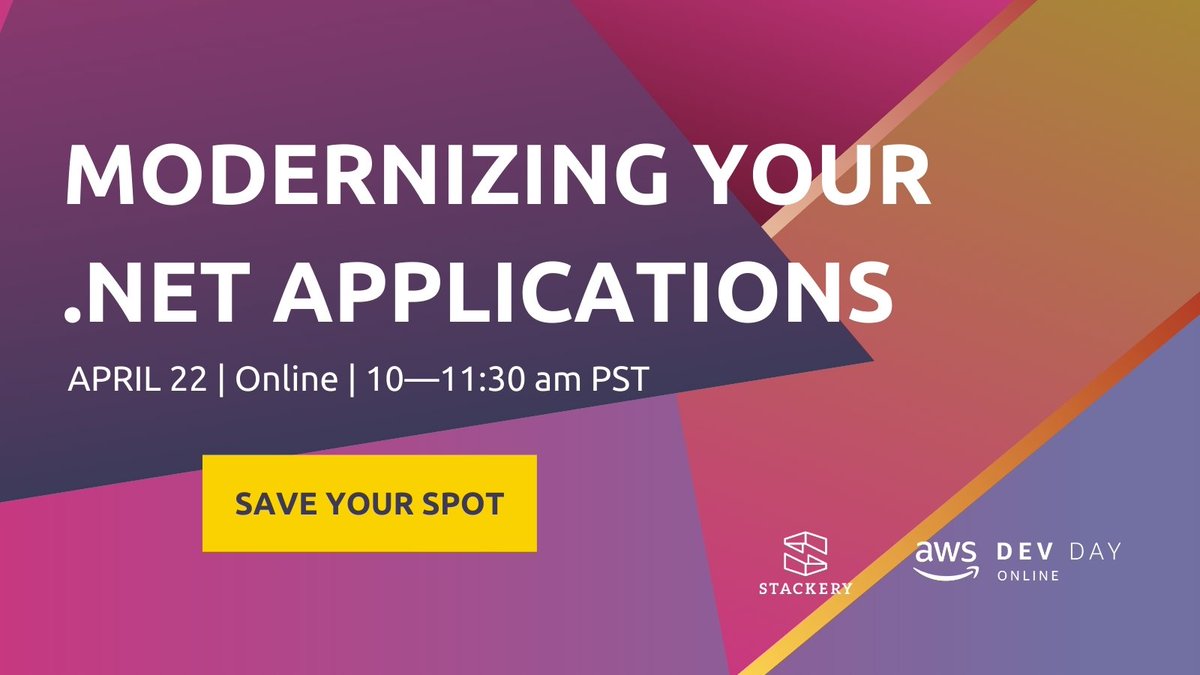 stackeryio's tweet image. Have you saved your spot for @stackeryio's DevDay Online with AWS? 
hubs.ly/H0KqGjG0
Highlights:
*ASP .NET REST API ➡️ Serverless service
*How to use the #StranglerPattern
*AWS credits and sandboxed enviornment
#DevDayOnline @AWS_Partners @dotnetonAWS #Serverless #AWS #