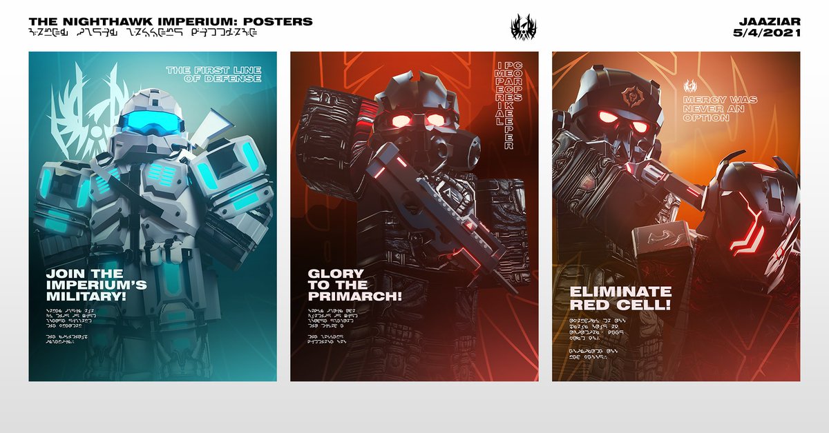 ⚡️ 3 posters completed for The Nighthawk Imperium!

#Roblox #RobloxDev #RobloxGFXC #RobloxArt