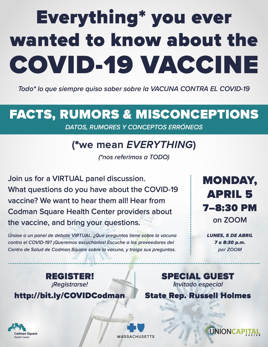 UCBoston's tweet photo. Tonight! #CovidVaccine Facts, Rumors &amp; Misconceptions with UCB &amp; @CodmanHealth @BCBSMA + special guest @VoteRussell. Let's keep each other safe and make sure we have all the information we need to know that we will be safe! #ucbinaction #bospoli https://t.co/1aOOtE1Buv