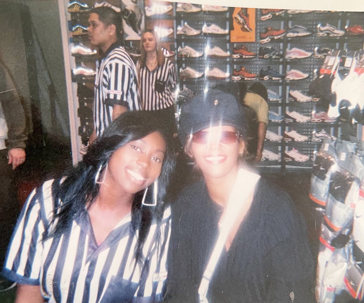 On my last day working in Footlocker. Whitney Houston came in. I told my manager I was gonna run buy a disposable camera and get a photo. They said no. I didn’t care. It was my last day. I sat down on the shop floor and took my picture 😂