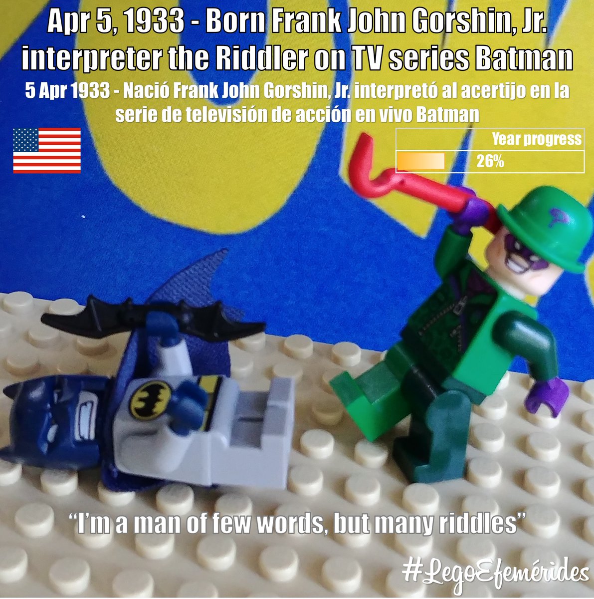 ephemebricks's tweet photo. #Apr5 #1933 - Born #FrankGorshin Jr. interpreter #theRiddler on #TV series #Batman
#5Apr 1933 - Nació #FrankJohnGorshin,Jr. interpretó al #acertijo en la serie de televisión de acción en vivo Batman.
I am a man of few words, but many #riddle s
---
#dc #legodc #legobatma https://t.co/FjzoCnPO6q