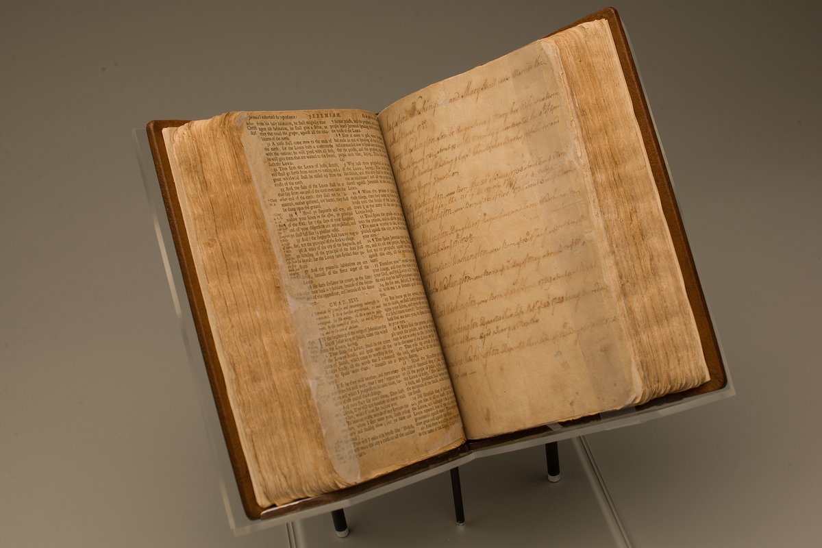 MountVernon's tweet image. The Washington family Bible, which contains a sheet of paper carefully inscribed with the date George Washington was born &amp;amp; when he was baptized, which was #OnThisDay in 1732. The Bible is in our Museum Collections, which you can explore at home at bit.ly/347HT1S