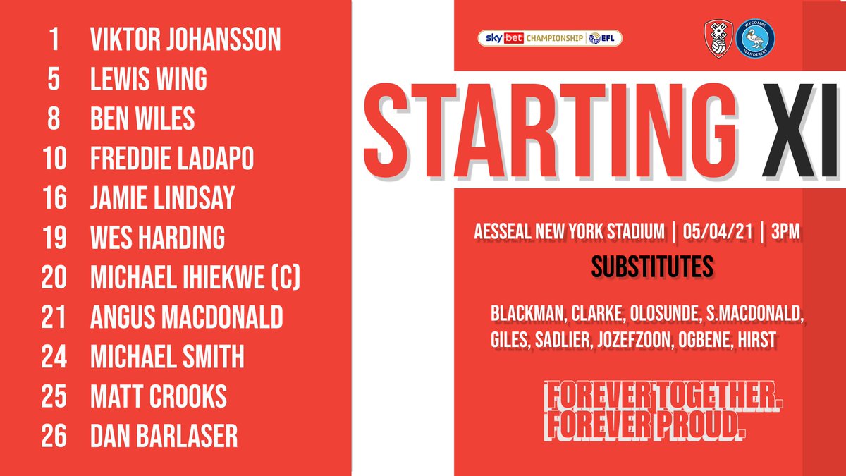 RotherhamUnited's tweet photo. TEAM v @wwfcofficial | Johansson; Harding, Ihiekwe (C), A.MacDonald, Wiles; Barlaser, Lindsay, Wing, Crooks; Ladapo, Smith.
SUBS | Blackman, Clarke, Olosunde, S.MacDonald, Giles, Sadlier, Jozefzoon, Ogbene, Hirst.
#rufc | #ForeverTogetherForeverProud https://t.co/7EtRAokztU