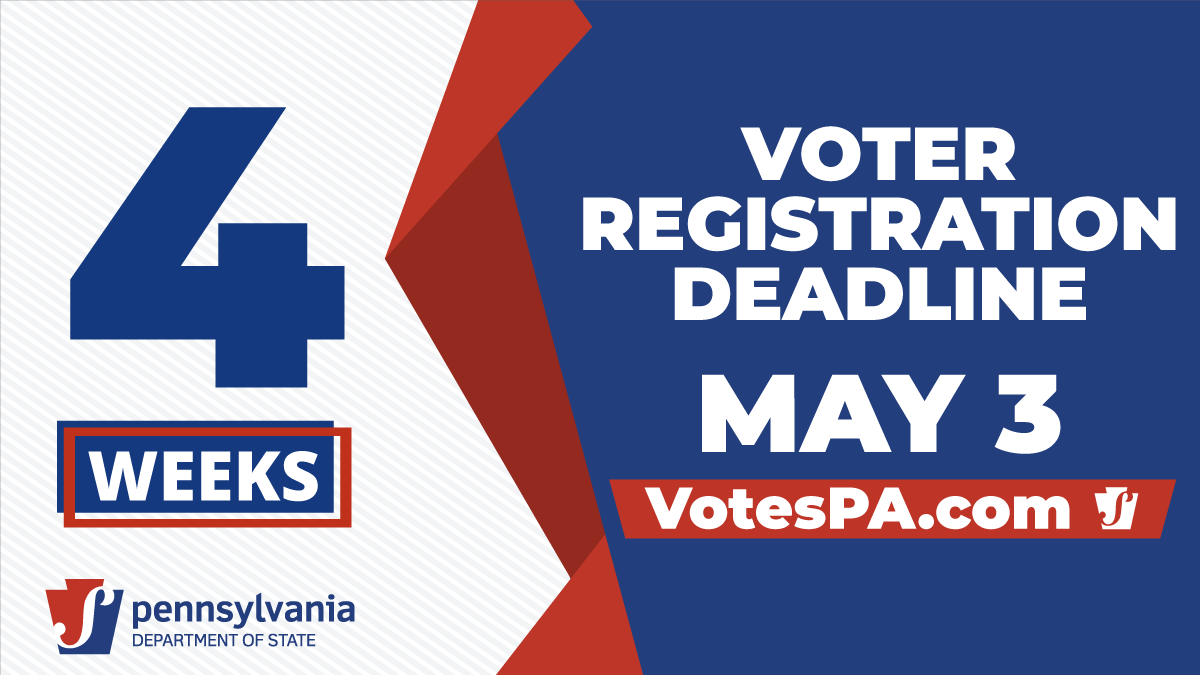 PAStateDept's tweet photo. 4 weeks and counting until the May 3 voter registration deadline. Don’t wait until it’s too late. Register today: https://t.co/ukPZExSsqm #votesPA https://t.co/NNbrCqaoOS