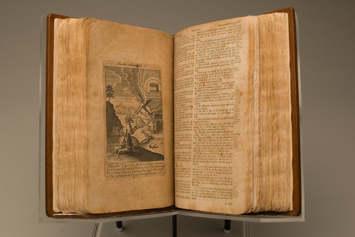 MountVernon's tweet image. The Washington family Bible, which contains a sheet of paper carefully inscribed with the date George Washington was born &amp;amp; when he was baptized, which was #OnThisDay in 1732. The Bible is in our Museum Collections, which you can explore at home at bit.ly/347HT1S
