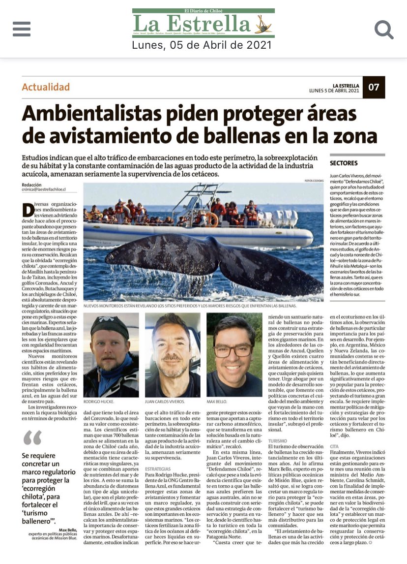 🅿️ortada y nota principal de hoy en La Estrella de #CHILOÉ : 
 <a href="/MMAChile/">Ministerio del Medio Ambiente</a> <a href="/CarolaSchmidtZ/">Carolina Schmidt</a> deben proteger áreas de avistamiento/alimentación de ballenas en nuestra #EcorregiónChilota #PatagoniaNorte . Gracias <a href="/max_bello_m/">Maximiliano Bello</a> <a href="/RHuckeG/">Rodrigo Hucke-Gaete</a> <a href="/jcviveroskobus/">JcViverosKobus</a> por sus aportes! 
<a href="/MissionBlue/">Mission Blue</a>