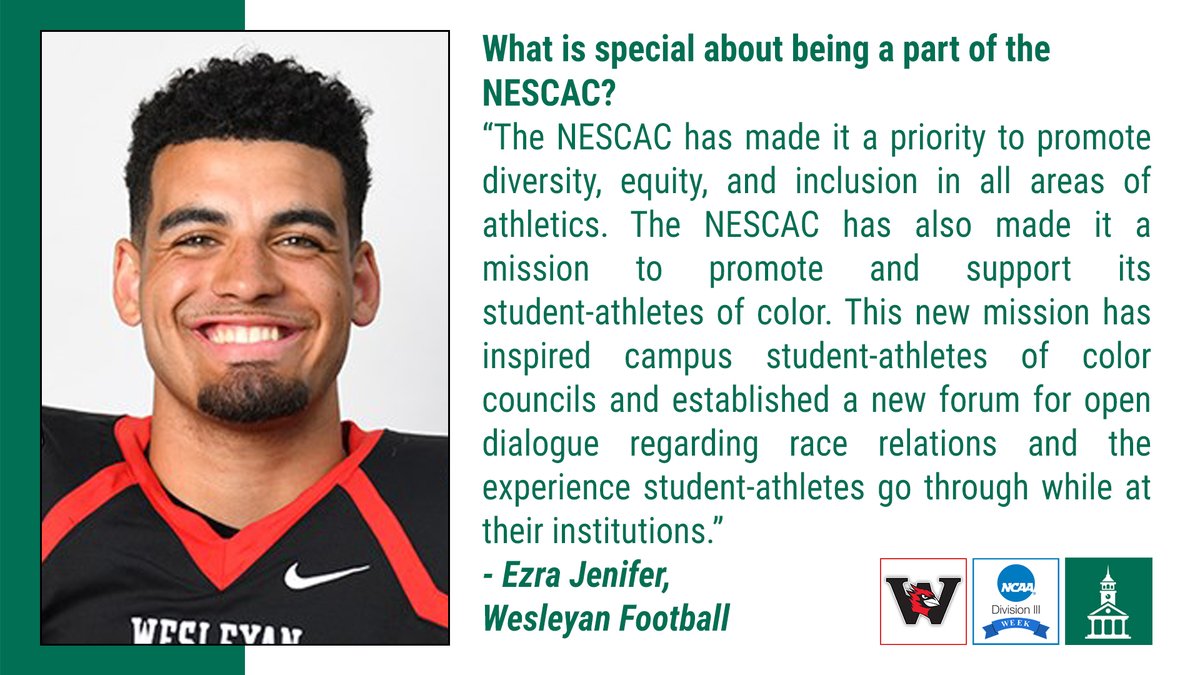 NESCAC (@nescac) on Twitter photo From now until April 15 we will highlight a NESCAC school and hear from student-athletes why their school, the NESCAC, and Division III are special to them.
<a href="/wes_athletics/">Wesleyan Athletics</a> kicks things off for us today!
#NESCAC | #D3Week From now until April 15 we will highlight a NESCAC school and hear from student-athletes why their school, the NESCAC, and Division III are special to them.
<a href="/wes_athletics/">Wesleyan Athletics</a> kicks things off for us today!
#NESCAC | #D3Week