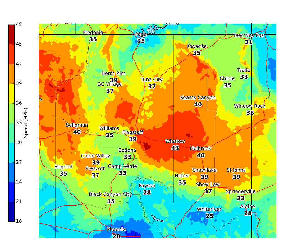 NWSFlagstaff's tweet photo. A windy day ahead. With the wind will come elevated fire danger and tricky driving conditions for those of you traveling in high profile vehicles. Use extra caution on both counts. Shown are the highest  wind gusts forecast for this afternoon. #azwx https://t.co/lG2S4ML7rF