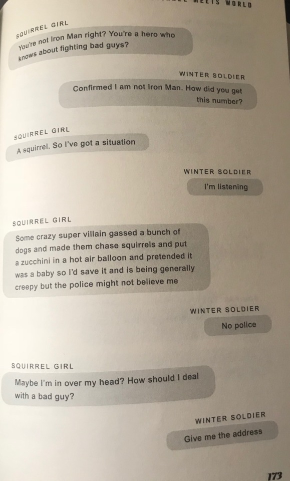 maxiekat's tweet photo. Sure, you're enjoying #FalconAndTheWinterSoldier, but have you ever read Bucky's texts to Squirrel Girl? 

 From Squirrel Meets World by Shannon Hale and Dean Hale https://t.co/9wyfSYKp4T