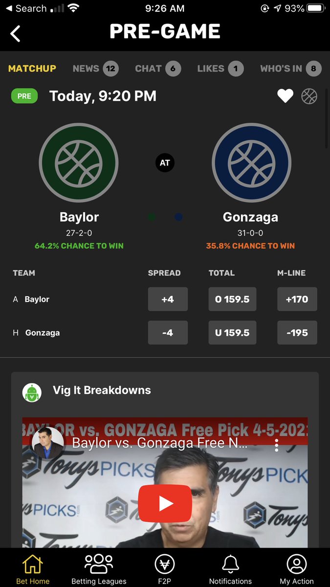 Vig_it's tweet image. Gonzaga -4 🆚 Baylor +4 tonight! Who’s excited?!?!? #GreatFansCover