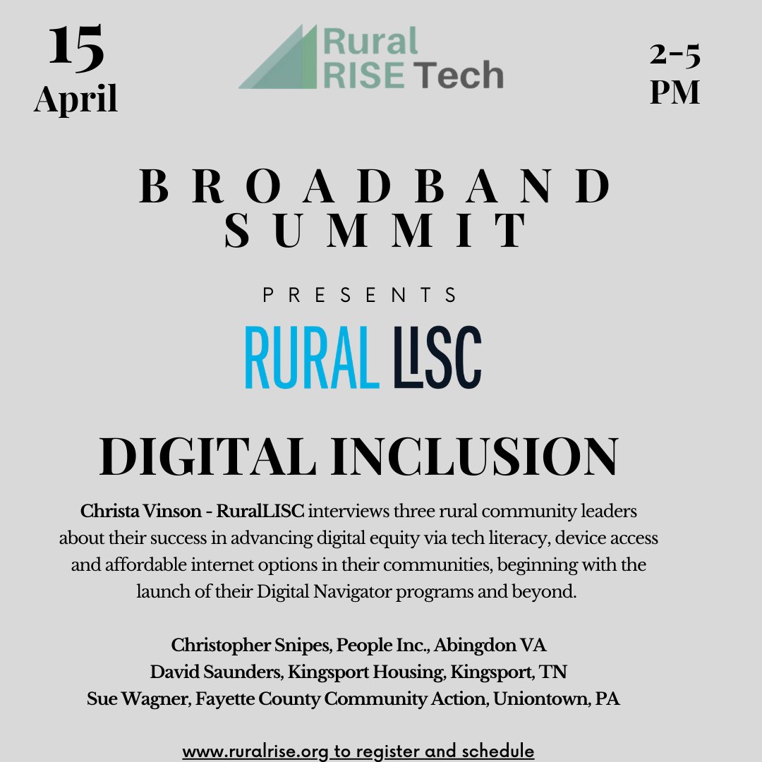 Digital Equity in Rural Broadband a discussion from community leaders across rural America.  Join us on April 15th - virtual event from 2-5 p.m. EST.  Full schedule and registration at ruralrise.org
<a href="/RuralLISC/">Rural LISC</a> Thank you!