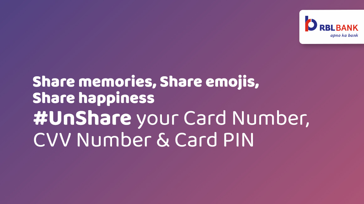 rblbank's tweet photo. Let’s spread happiness and start to #UnShare our Debit or Credit Card details with anyone!

Stay safe and bank safely!

#Unshare #Banksafe #Staysafe #SecureBanking https://t.co/OhXSIkR7DX