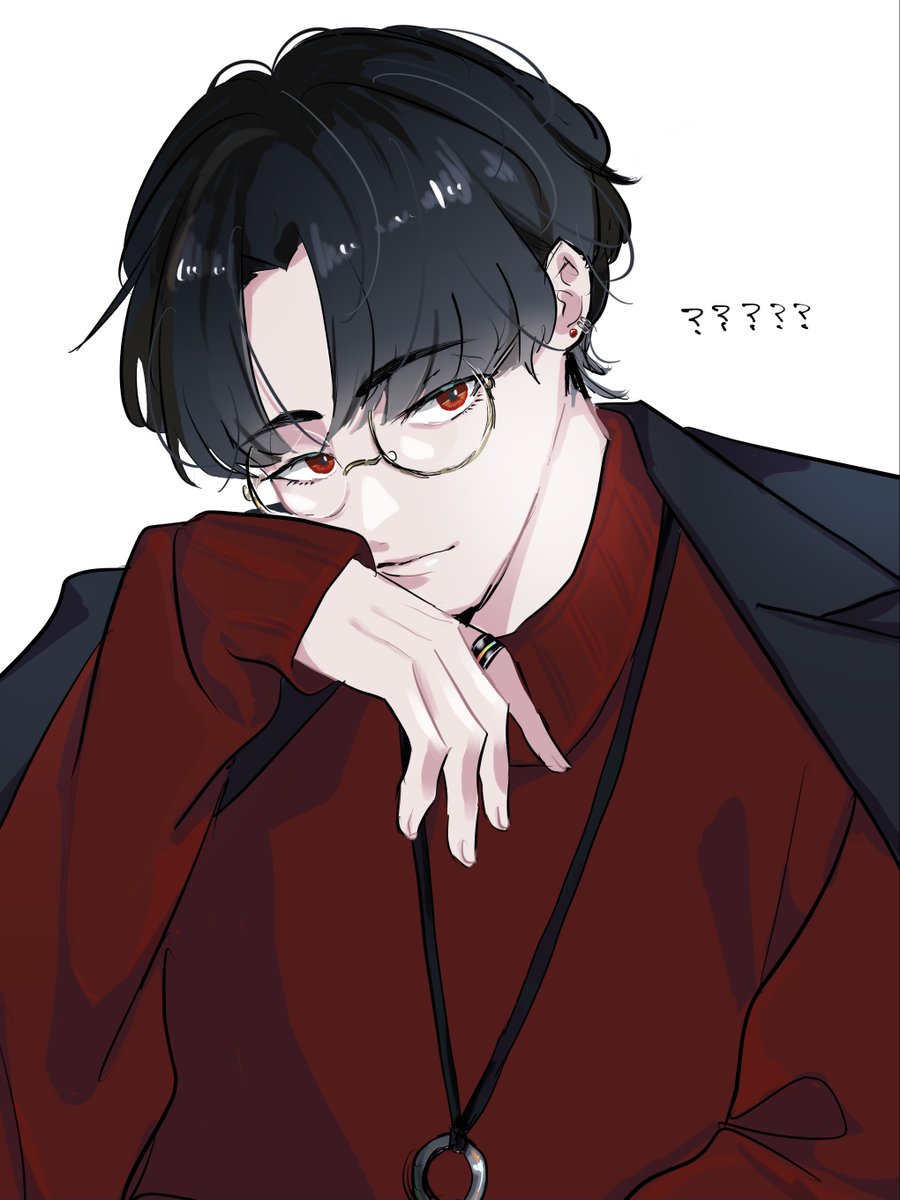 1boy male focus black hair red eyes glasses jewelry white background  illustration images