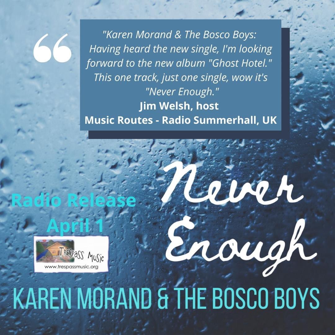 🙌! <a href="/karenmorand/">Karen Morand</a> new single "Never Enough" wonderful praise Folk DJ Jim Welsh host Music Routes <a href="/RadioSummerhall/">Radio Summerhall</a> in the UK! 
karenmorand.com
trespassmusic.org 
#karenmorandandtheboscoboys #neverenough #newsingle #djquotes 
<a href="/LarryA1966/">Larry Ahearn</a> <a href="/MFPublicity/">Michelle Fortier</a>