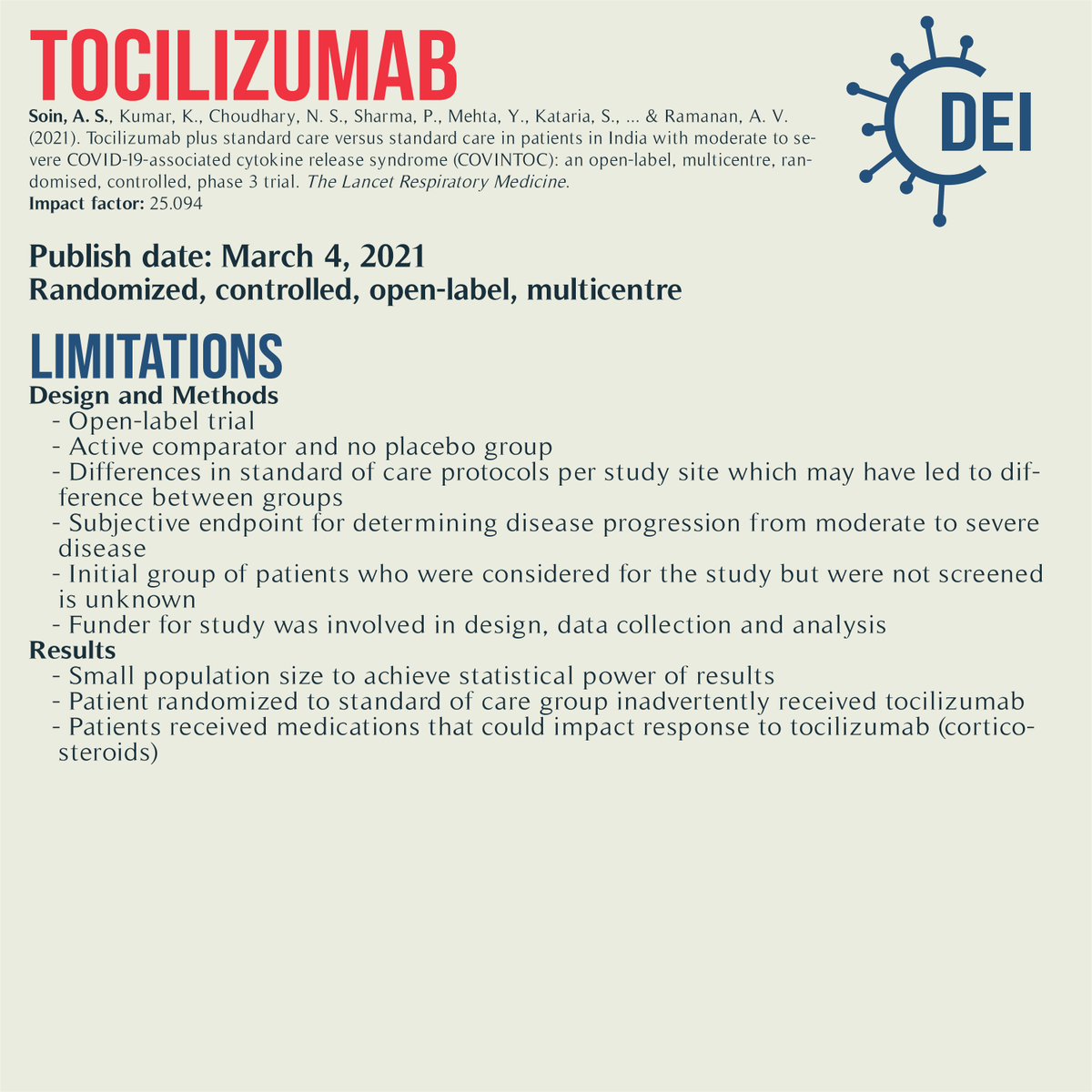 Covid19_DEI's tweet image. Our PICO, appraisal, &amp;amp; limitations for this trial looking at #tocilizumab + standard of care vs. standard of care for #COVID19 treatment.

#RCT #MedTwitter #TwitteRx #clinicatrial #NurseTwitter #IDtwitter #pharmacyschool #pharmacystudent #medschool #evidencebasedmedicine #CovidRx