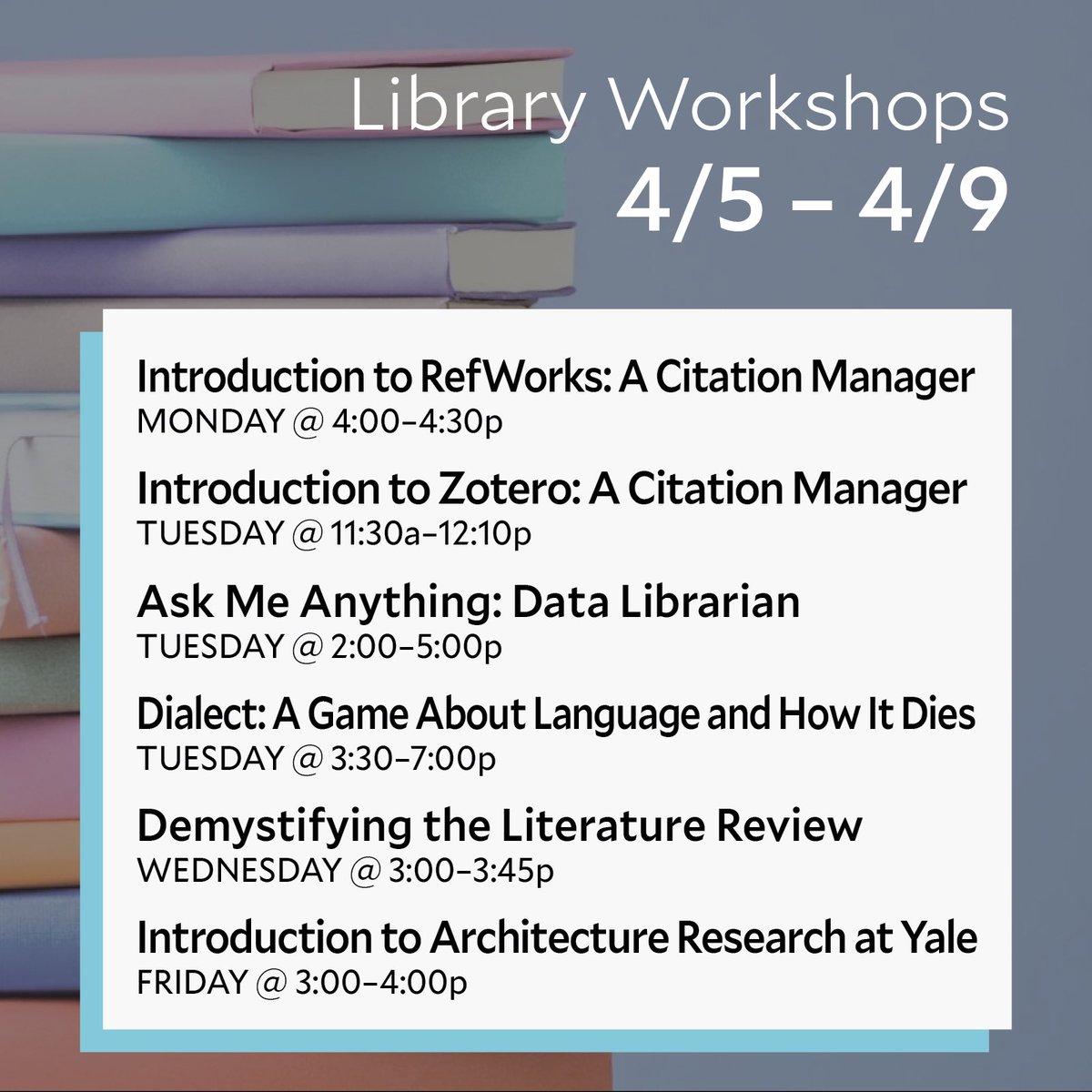 This week at Yale Library — Refworks, Zotero, architecture research at Yale, and more. See the “Weekly Library Workshops” link in our bio to register &amp; browse through events.