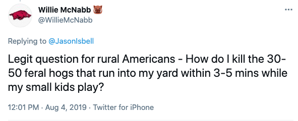 BrimleyLine's tweet photo. Arkansas man Willie McNabb, whose 2019 tweet about 30-50 feral hogs memorably caught the attention of @JasonIsbell, is 18,530 days old today, matching Wilford Brimley's age on the day 'Cocoon' was released. Congratulations, @WillieMcNabb! You've reached the Brimley/Cocoon Line. https://t.co/bUgSJaXn3u