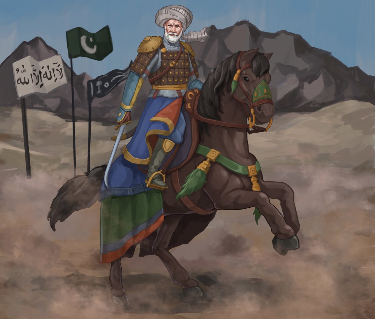 Nice! Recently My dad done a depiction of the Battle of Parwan 1221. He didn’t know which flags to put down so I suggested because the battle was fought by Afghans(Pashtuns) under Sultan Jalaluddin Khwarazm, Put the Durani flag, Pakistani flag and the Umayyad white standard.