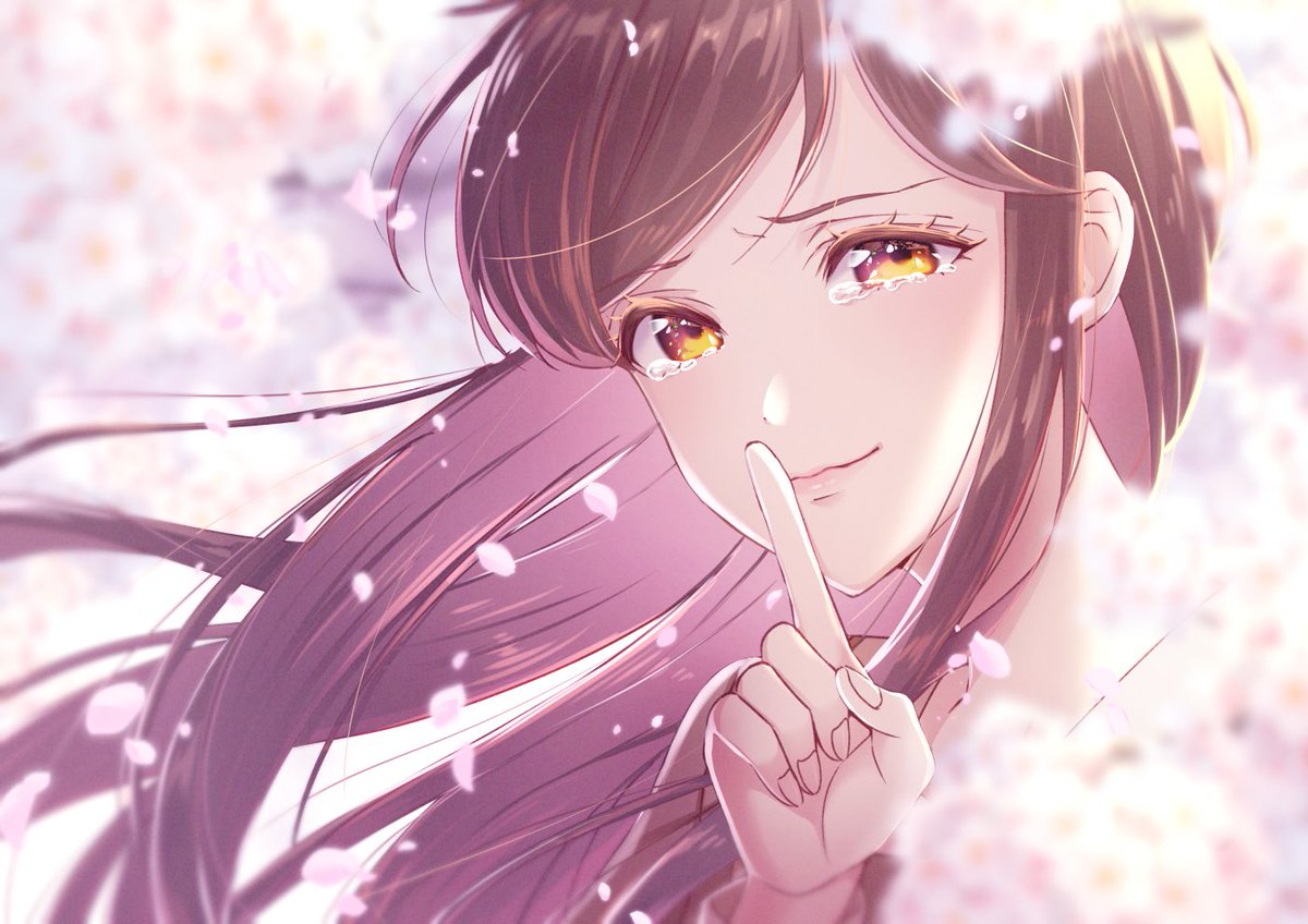 1girl solo long hair cherry blossoms brown hair looking at viewer finger to mouth  illustration images