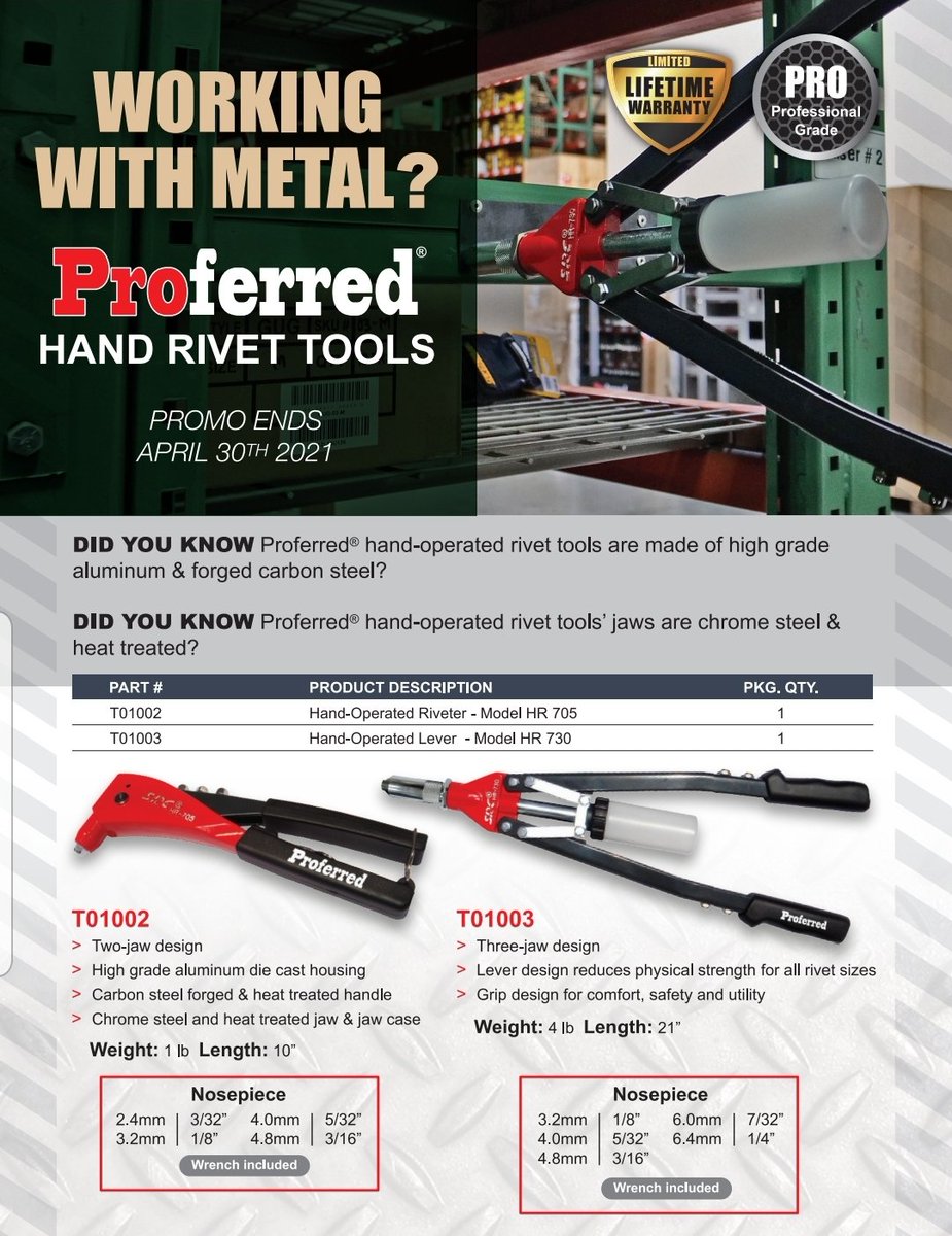 ProferredPro's tweet image. The April Promo has arrived and it is riveting.  Contact your account manager to get your deal on this month&apos;s promo.  

#ProferredRivets #ProferredTools #KeeponRiveting #RivetGuns