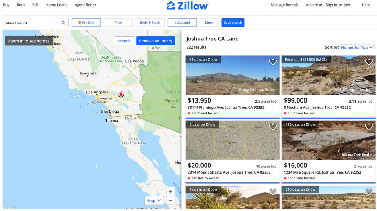 I like Kate, but my motto is question everything, I didn’t believe you could get land in Joshua Tree for $10k. Turns out, joke is on me.Hundreds of acres for sale surrounding Yellowstone, Joshua Tree, Moab, etc for prices ranging from $5-20k an acre.