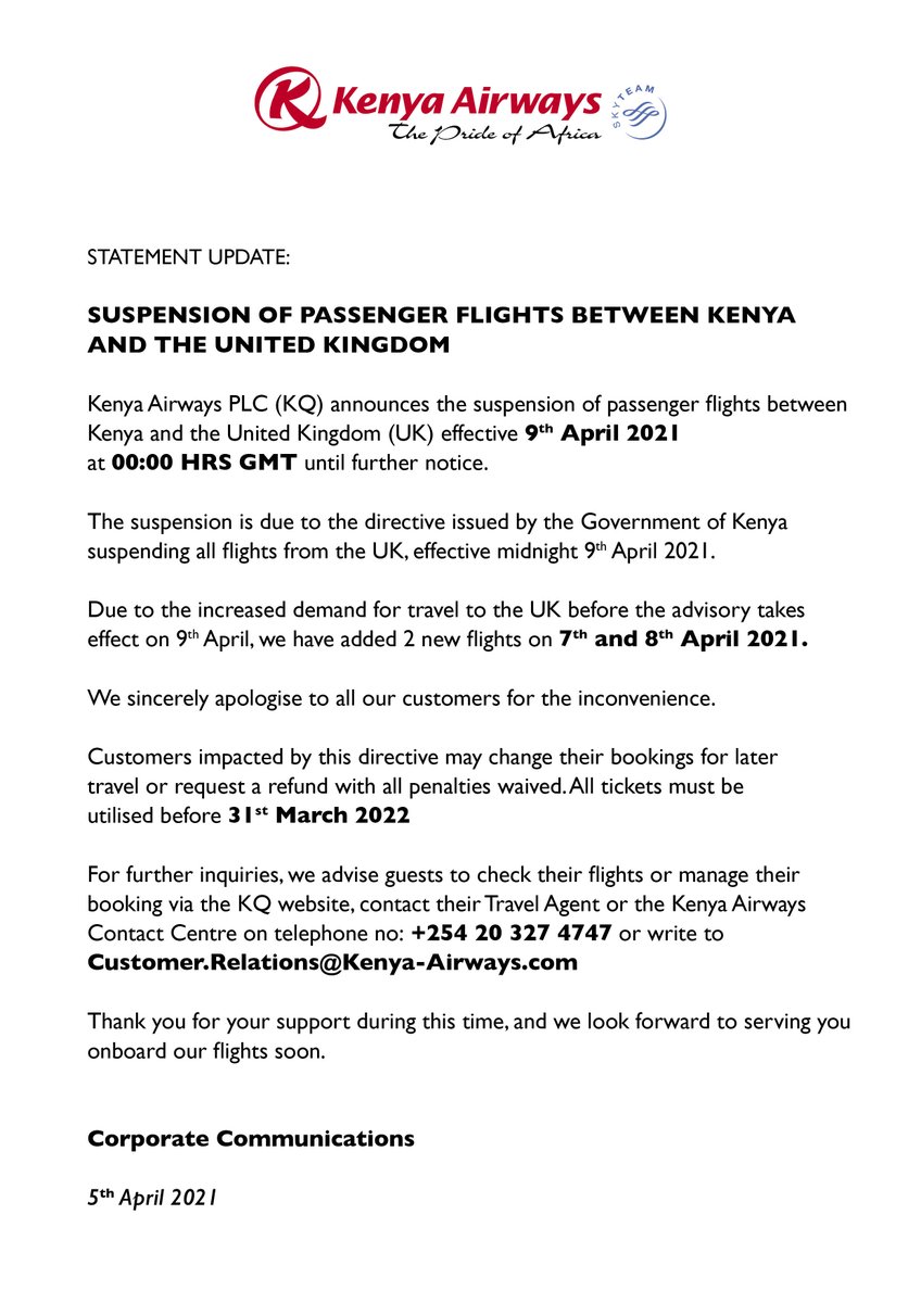 KenyaAirways's tweet image. STATEMENT: Suspension of passenger flights to the United Kingdom effective 9th April 2021 until further notice.