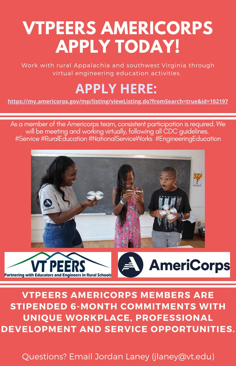 d r . j o r d a n l a n e y (@jordanllaney) on Twitter photo Applications are open! Fantastic opportunity to serve & network! Please share w/ students interested in #Engineering #education #engineeringeducation #SWVA #Appalachia or #RuralEducation!
<a href="/VT_Engage/">VT Engage</a> <a href="/vtenge/">VT Engineering Education</a> <a href="/VT_GrATE/">Graduate Academy for Teaching Excellence</a> <a href="/VT_DEEP_Lab/">VT DEEP Lab</a> @inclusiveVT <a href="/VT_ACT/">VT Center for Communicating Science</a> <a href="/VT_ORDI/">VT DISP</a> @VTGradCommunity Applications are open! Fantastic opportunity to serve & network! Please share w/ students interested in #Engineering #education #engineeringeducation #SWVA #Appalachia or #RuralEducation!
<a href="/VT_Engage/">VT Engage</a> <a href="/vtenge/">VT Engineering Education</a> <a href="/VT_GrATE/">Graduate Academy for Teaching Excellence</a> <a href="/VT_DEEP_Lab/">VT DEEP Lab</a> @inclusiveVT <a href="/VT_ACT/">VT Center for Communicating Science</a> <a href="/VT_ORDI/">VT DISP</a> @VTGradCommunity